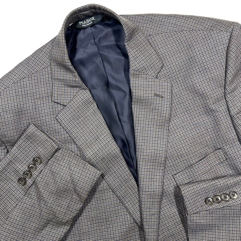 Jos A Bank Traditional Fit Wool Blazer Mens 46R Grey Blue Houndstooth Sport Coat